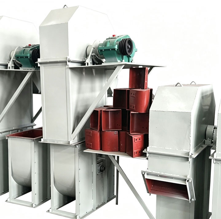 Heavy-duty bucket elevator spare parts showing red wear-resistant steel buckets and drive motor assembly in factory