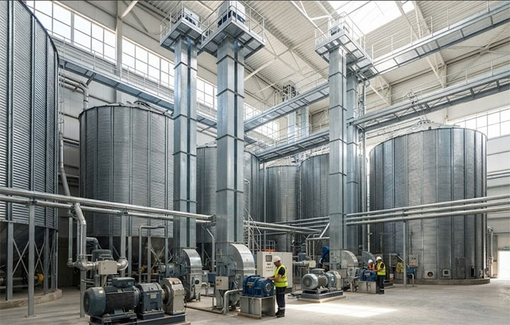 Vertical grain bucket elevators operating efficiently in a large-scale commercial grain terminal and silo facility.