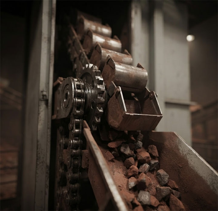 Close-Up of Forged Chain and Manganese Steel Buckets Performing Continuous Discharge in a Mining Elevator