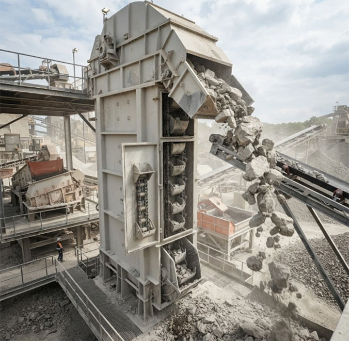 Large-Scale Heavy-Duty Mining Bucket Elevator Handling Massive Limestone Lumps and Aggregates in a Quarry Processing Plant