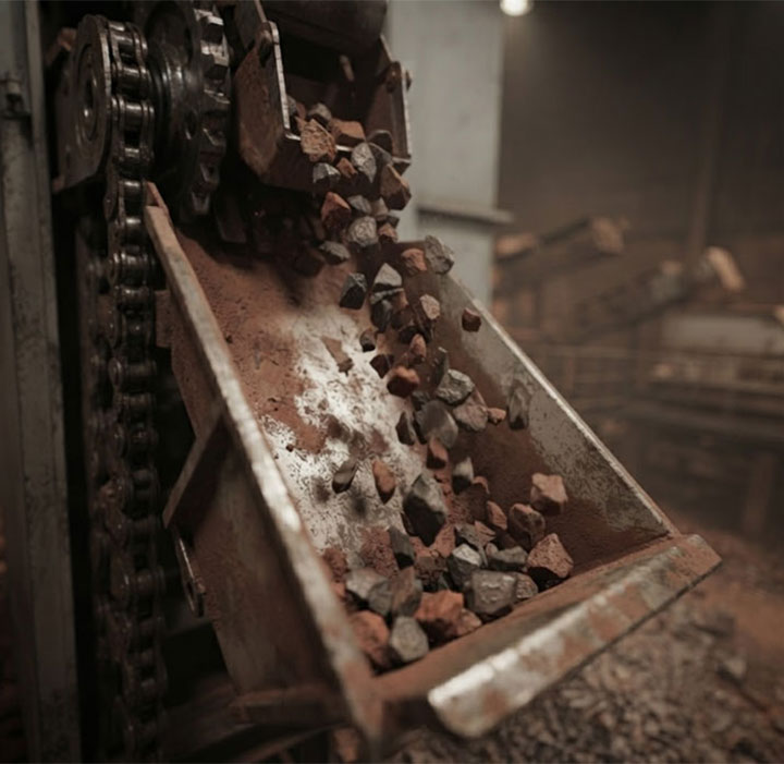 Close-Up of Reinforced Manganese Steel Elevator Bucket and Alloy Chain Handling Sharp Abrasive Iron Ore Rocks