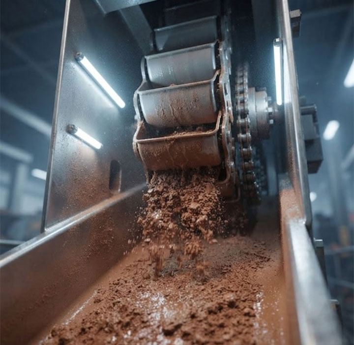 Macro Engineering View of Damp Mineral Fines Discharging Through Specialized Anti-Stick Housing Profile of a Bucket Elevator