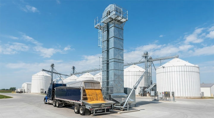 Agricultural Bucket Elevator Installed at Modern Grain Silo Facility with Truck Unloading Corn