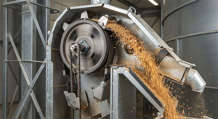 Internal Cutaway View of Bucket Elevator Head Section Demonstrating Centrifugal Discharge