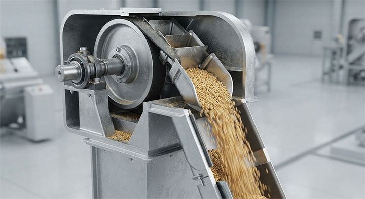 Internal Cutaway View of Bucket Elevator Head Section Demonstrating Gentle Continuous Discharge