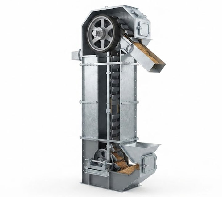 Technical 3D Cutaway Render of Industrial Grain Bucket Elevator Showing Head, Trunk, and Boot Sections