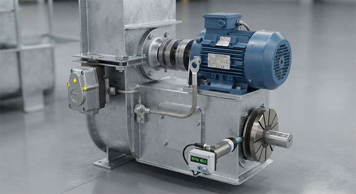 Close-Up 3D Render of Explosion-Proof Motor, Belt Alignment Sensor, and Anti-Static Grounding on Bucket Elevator