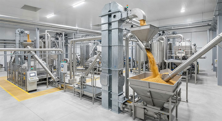 Modern Automated Animal Feed Processing Plant Interior with Integrated Industrial Bucket Elevator Lifting Grain