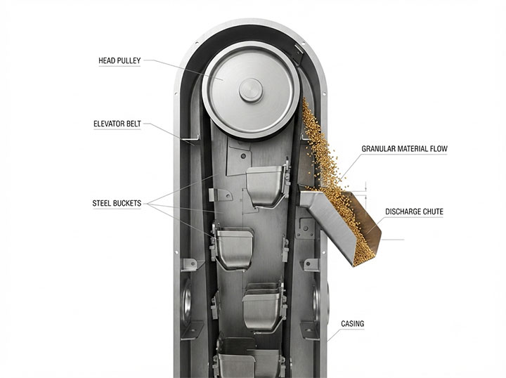 3D cutaway view of centrifugal discharge bucket elevator showing head pulley, belt, and steel buckets throwing granular materials