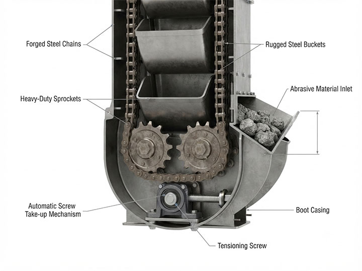 Heavy-duty chain-type bucket elevator internal structure showing forged steel chains, sprockets, and automatic screw tensioning mechanism