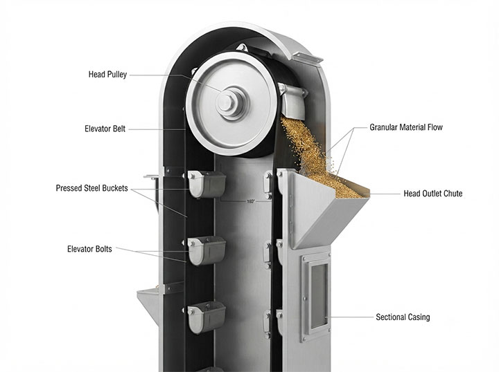Technical cutaway view of belt-type bucket elevator showing smooth elevator belt, head pulley, and pressed steel buckets