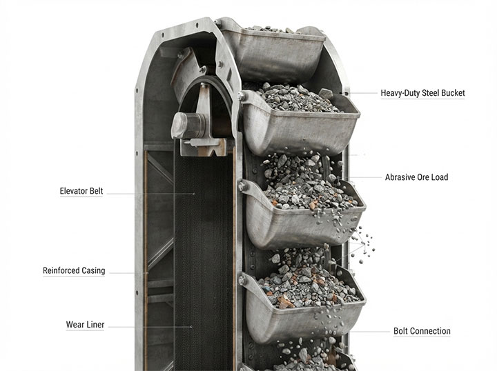 3D mechanical close-up of rugged steel elevator buckets handling heavy abrasive ores and mineral aggregates inside a reinforced industrial casing