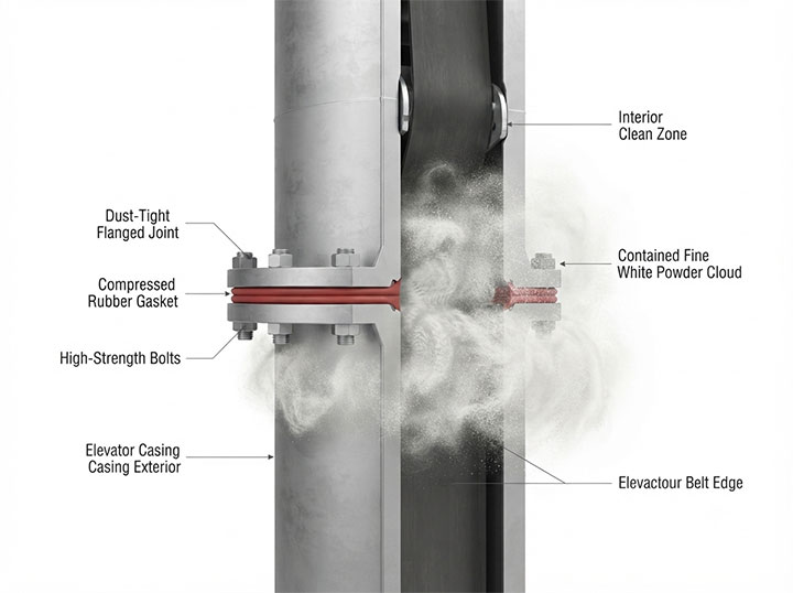 3D technical cutaway of a dust-tight sealed vertical elevator housing joint showing precision rubber gaskets preventing fine powder leakage