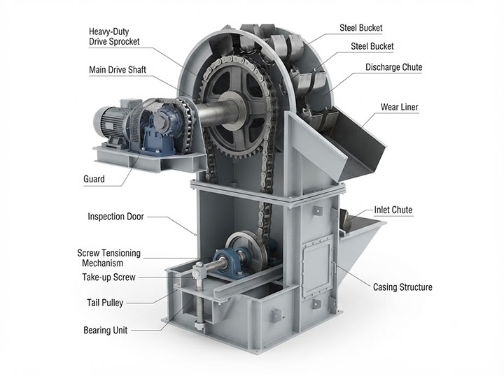 3D technical cutaway view of an industrial bucket elevator highlighting heavy-duty drive sprockets, bottom screw tensioning mechanism, and rigid sectional steel casings
