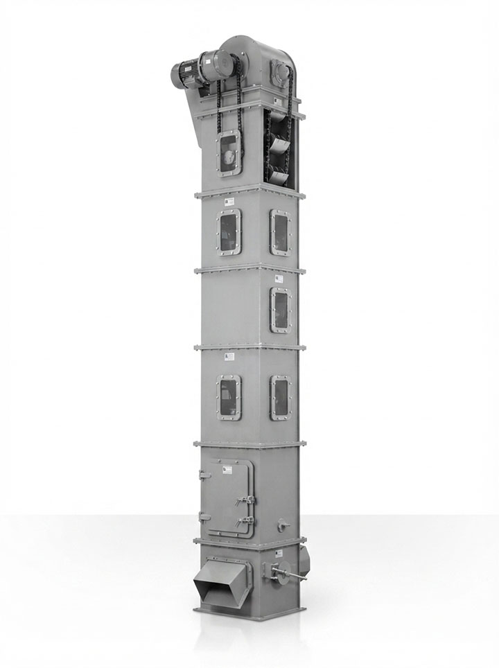 Professional studio photograph of a complete grey anti-corrosive carbon steel industrial bucket elevator machine standing vertically with visible inspection windows and top drive motor assembly isolated on white background