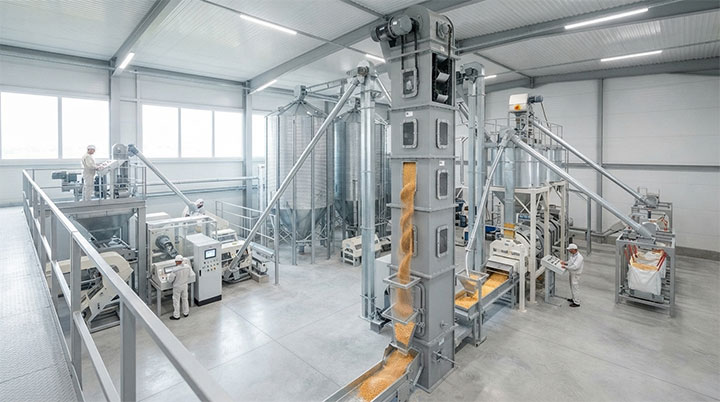 Real-world factory photography of a bright, clean modern agricultural grain processing plant showing tall vertical bucket elevators handling wheat and corn inside a well-lit industrial warehouse
