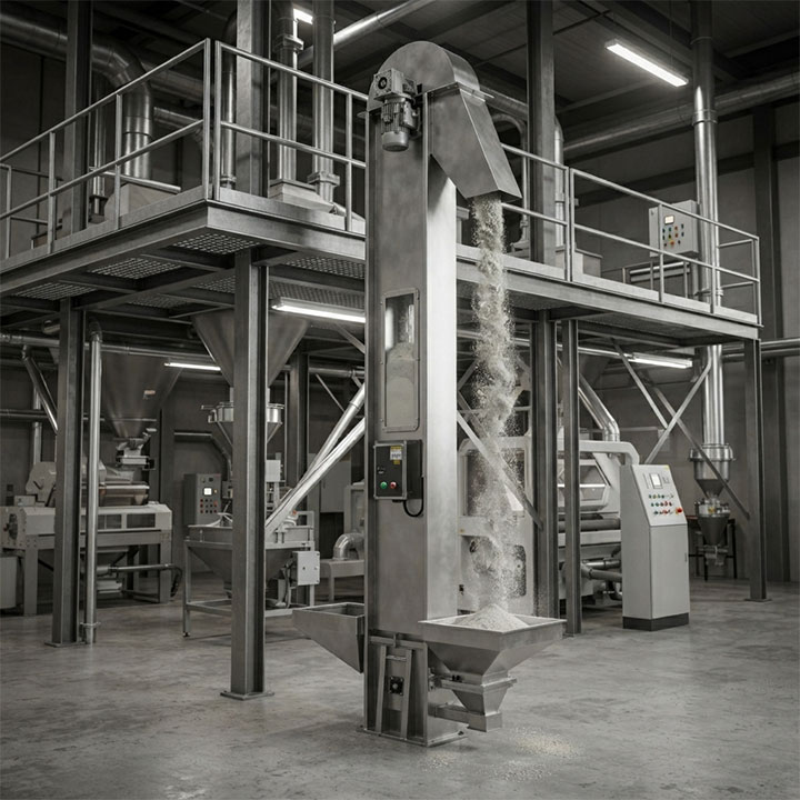 Real-world industrial plant photograph of a stainless steel vertical bucket elevator operating inside a modern facility showing continuous material lifting and discharging