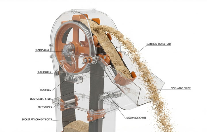head section of centrifugal discharge bucket elevator showing material trajectory and centrifugal force