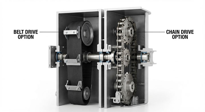 belt and chain drive configuration options inside centrifugal discharge bucket elevator