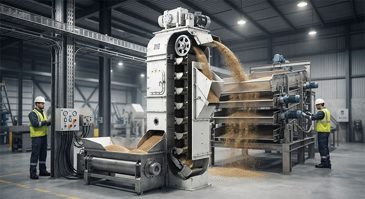 complete material handling workflow with bucket elevator feeding vibrating screen