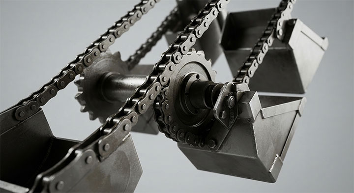 Heavy-duty drive chains and reinforced steel buckets of Dahan Positive Discharge Bucket Elevator, engineered for robust industrial durability
