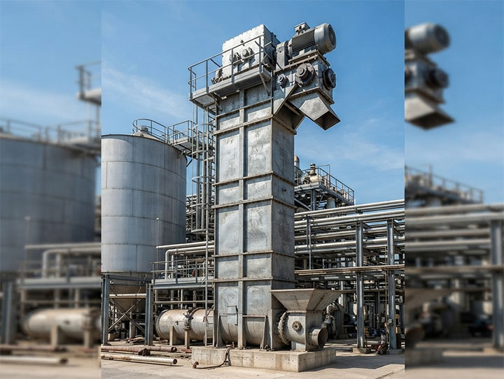 Dahan Positive Discharge Bucket Elevator installed outdoors at an industrial plant, showcasing heavy-duty galvanized steel structure