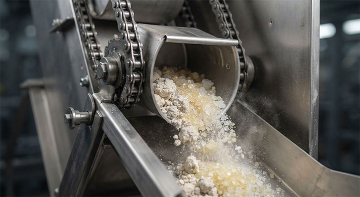 Close-up of Positive Discharge Bucket Elevator discharging fragile granules and crystalline materials cleanly at low speed