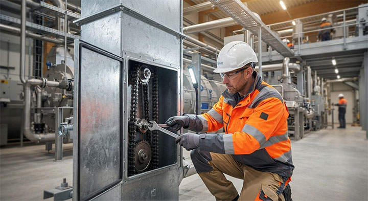 Professional technician inspecting internal dual chains and tensioner mechanism of a Positive Discharge Bucket Elevator during troubleshooting