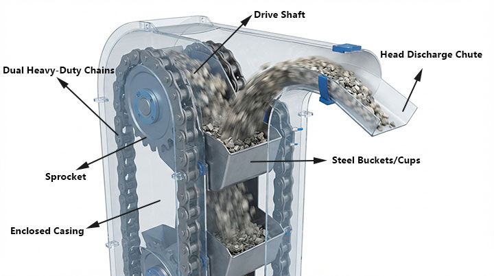Annotated technical diagram showing the internal structure of a double chain bucket elevator, including heavy-duty chains, steel buckets, drive shaft, sprocket, enclosed casing, and discharge chute.