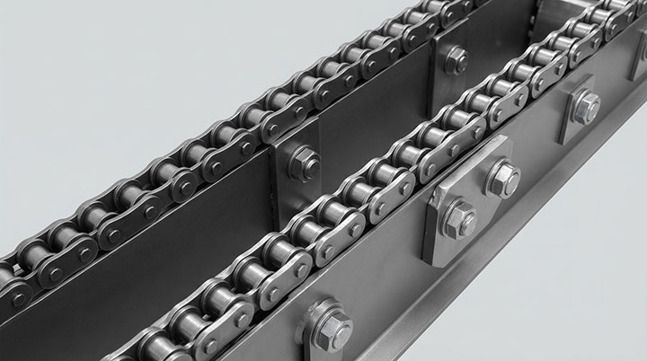 Macro view of the internal traction system of a heavy-duty double chain bucket elevator, showing parallel alloy steel chains securely mounted with steel buckets via high-strength bolts.