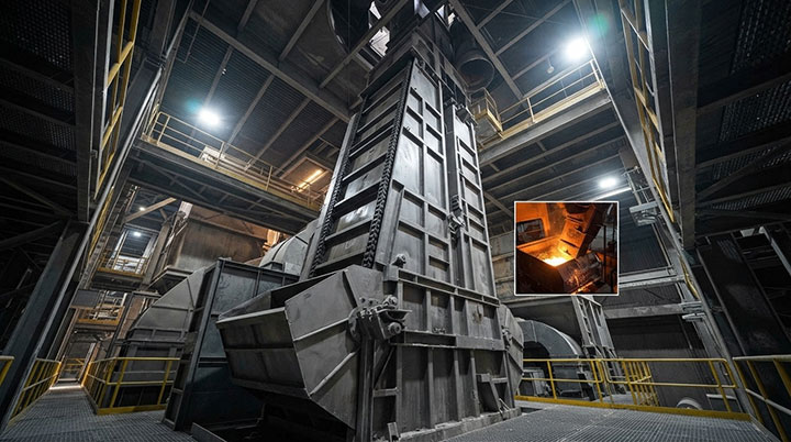 Heavy-duty double chain bucket elevator operating under heavy loads inside a large-scale cement and mining industrial plant, highlighting high-temperature resistance and structural stability.